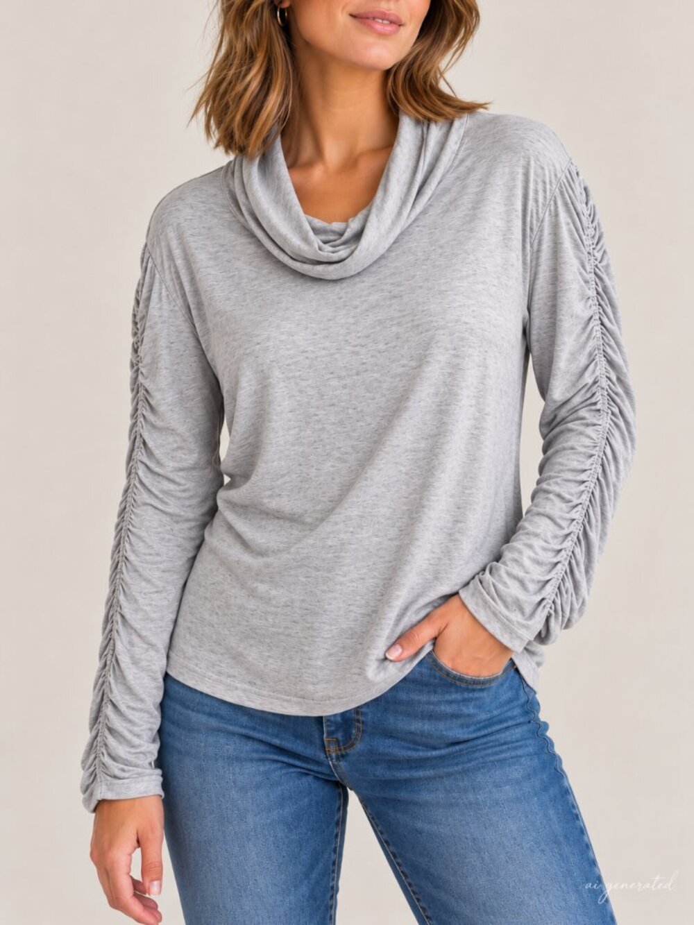 Halogen Gray Cowl Neck Ruched Sleeve Knit Top Long Sleeve Stretch Size L